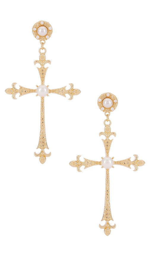 Grace Drop Cross Earrings in Metallic Gold.